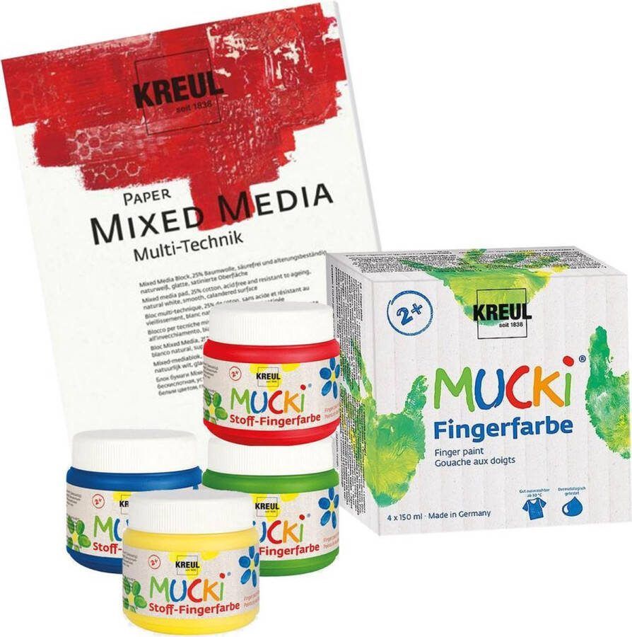 Mucki Vingerverf set 4 kleuren vingerverf + 10 vellen A3 formaat schilderspapier