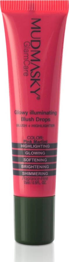 MUDMASKY Glowy Illuminating Blush Drops Pink Martini – 2in1 highlighter Natuurlijke Glans Blush Glowing Softning Glinsterend subtiele glans Brightening Jonger Uitziend