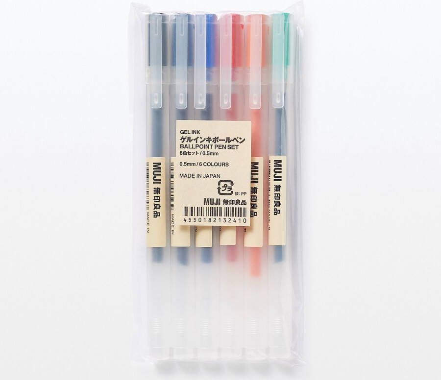 Muji Gelpennen 0.5mm Set met 7 Kleuren: Zwart Blauw-Zwart Blauw Rood Oranje Groen en Paars 0.38mm