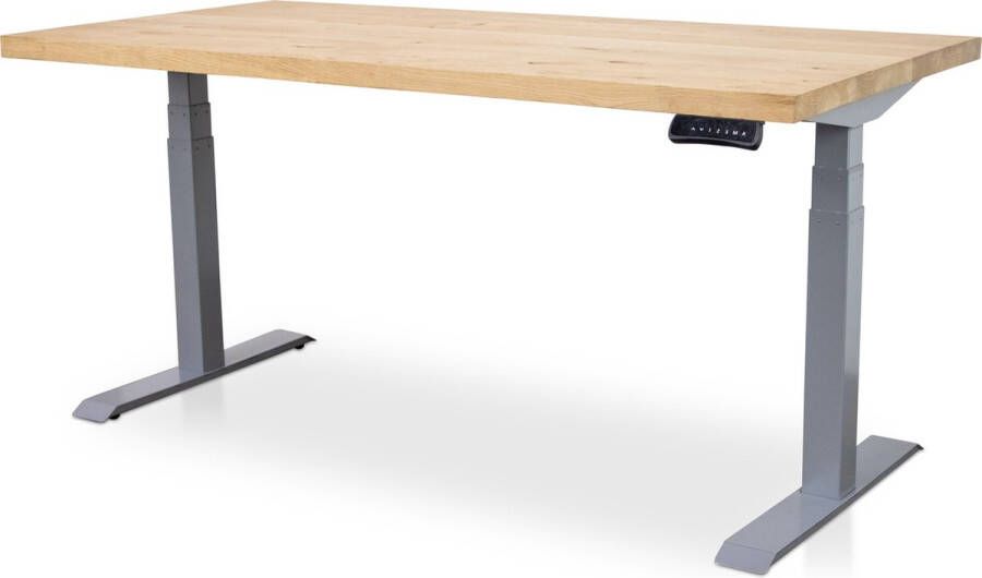 Multi Ratio Zit-sta bureau met massief eiken blad 120 x 80 cm MRC PRO NEN-EN 527 elektrisch verstelbaar frame wit 130 cm hoog 150KG draagvermogen