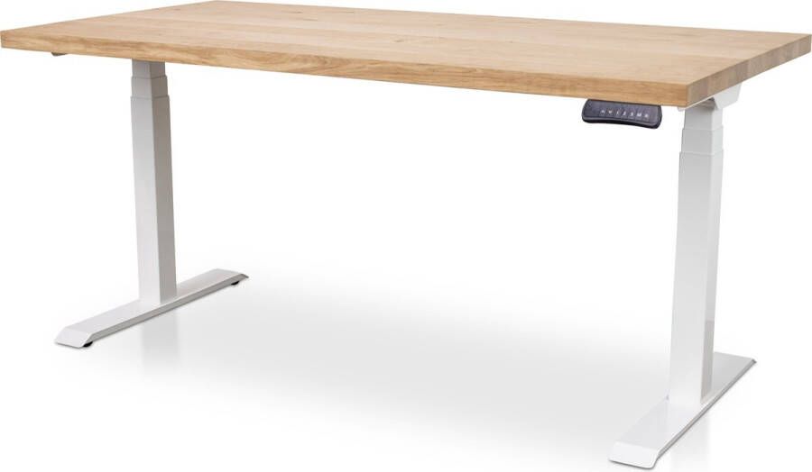 Multi Ratio Zit-sta bureau met massief eiken blad 140 x 80 cm MRC PRO NEN-EN 527 elektrisch verstelbaar frame aluminium 130 cm hoog 150KG draagvermogen