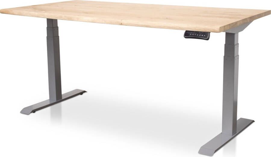 Multi Ratio Zit-sta bureau met massief eiken boomstam blad 120 x 80 cm MRC PRO NEN-EN 527 elektrisch verstelbaar frame wit 130 cm hoog 150KG draagvermogen