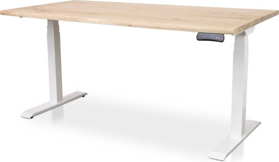 Multi Ratio Zit-sta bureau met massief eiken boomstam blad 160 x 80 cm MRC PRO NEN-EN 527 elektrisch verstelbaar frame aluminium 130 cm hoog 150KG draagvermogen