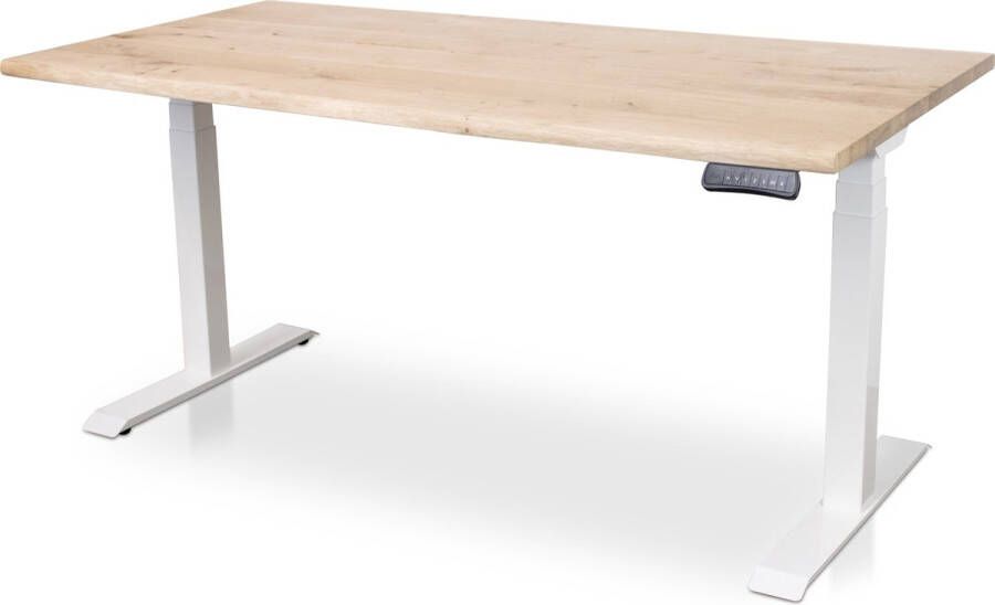 Multi Ratio Zit-sta bureau met massief eiken boomstam blad 180 x 80 cm MRC PRO NEN-EN 527 elektrisch verstelbaar frame aluminium 130 cm hoog 150KG draagvermogen