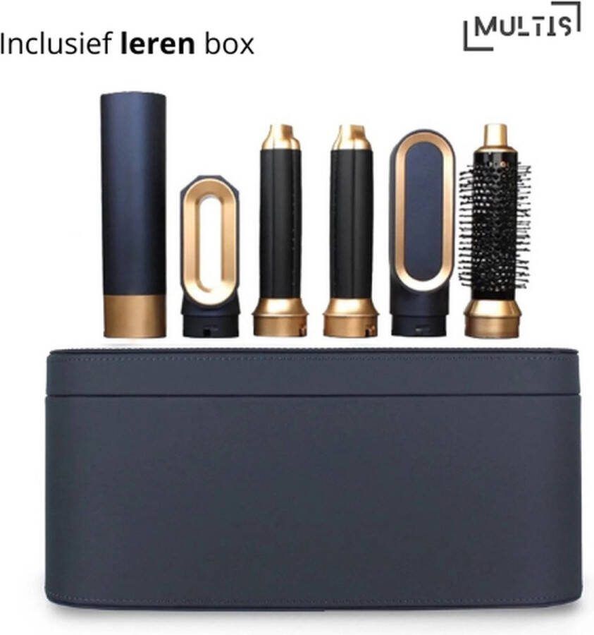 Multis 5 In 1 Krul Hair Set Styler Krultang tyler Krultang Föhnborstel Zwart Goud Met Leren Box