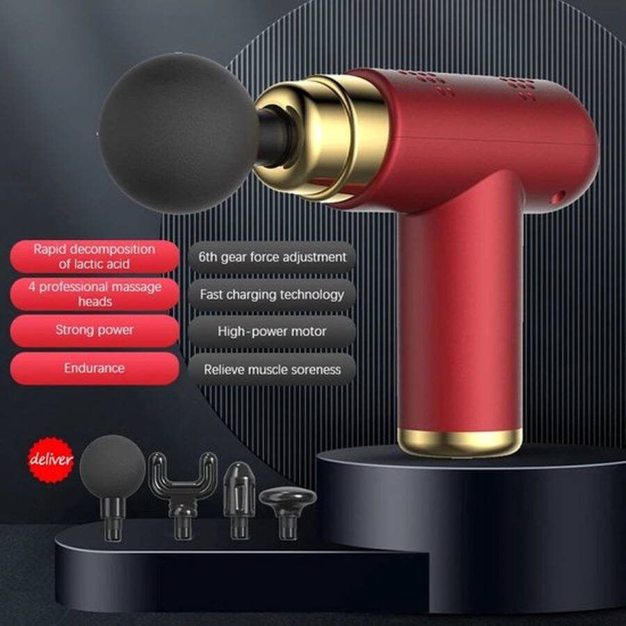Multis Massage Gun Massage Gun Professioneel Sport en Relax Massage apparaat Krachtig 6 snelheidsniveau's Draadloos Met 4 opzetstukken Rood