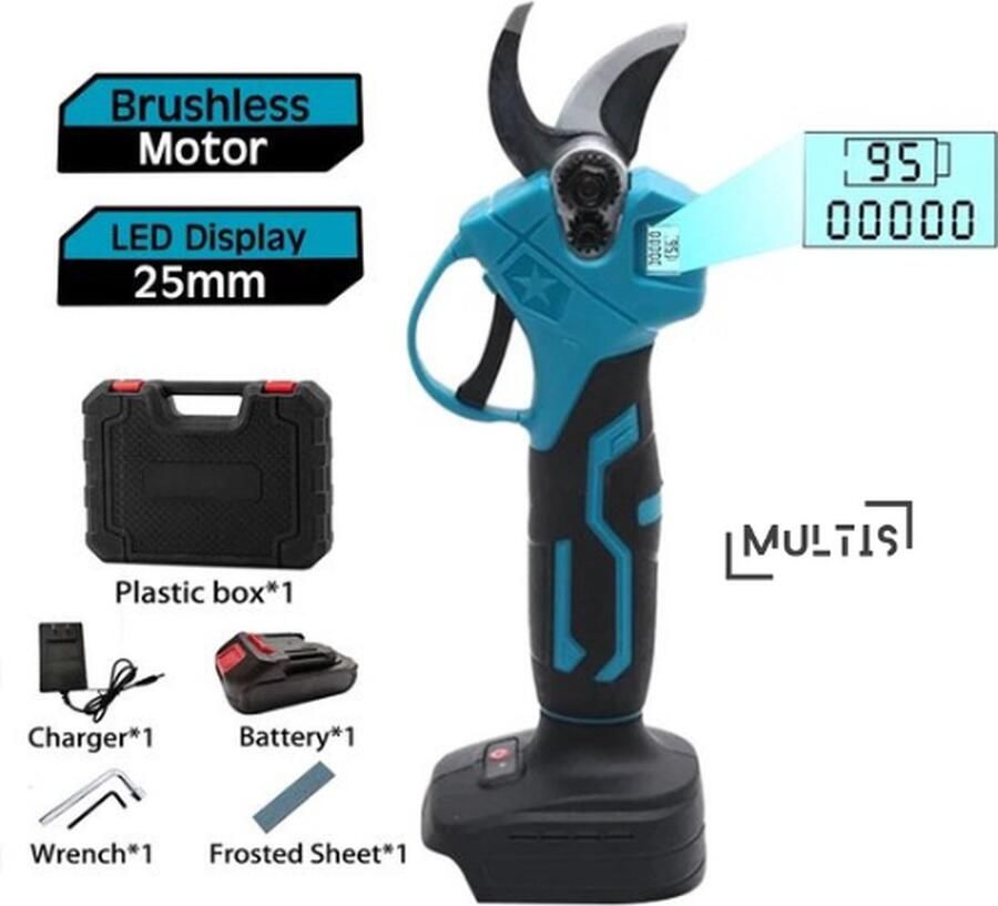 Multis Elektrische Snoeischaar Takkenschaar Draadloos Accu Snoeischaar Krachtig Met Opbergbox Inclusief accu -Blauw
