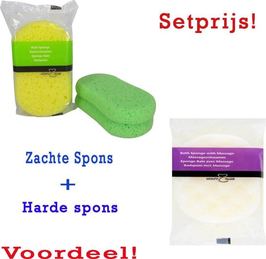 Multy Multi badspons SET VAN 2 soft spons & massagespons in 1 goedkope spons baden badkamer Badspons met en zonder ruwe kant Voor een tintelend frisse huid badsponzen Soft spons zachte huid SET sponzen 2 stuks