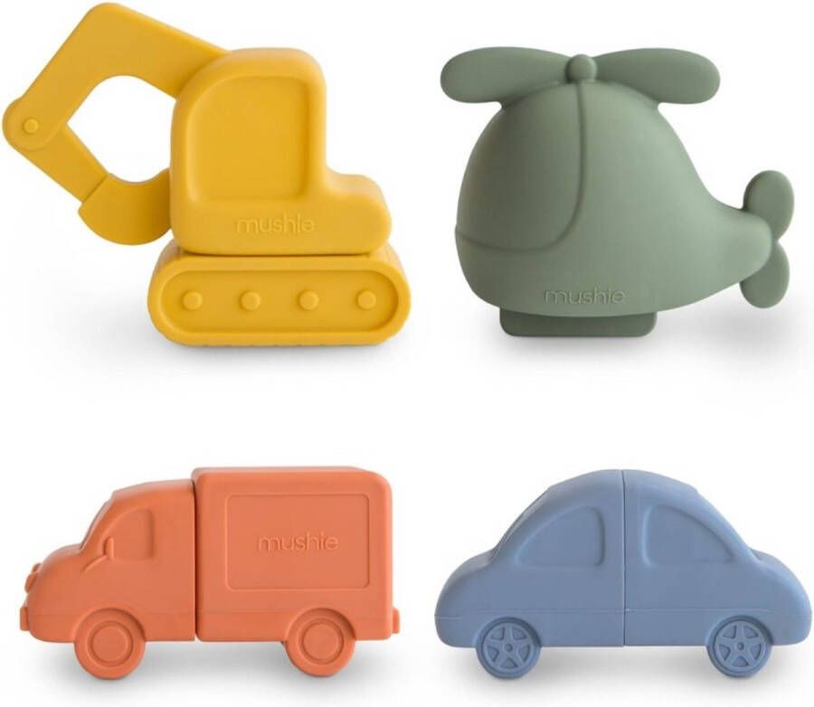 Mushie badspeelgoed vier speeltjes Graafmachine Helikopter Vrachtwagen Auto 4 stuks