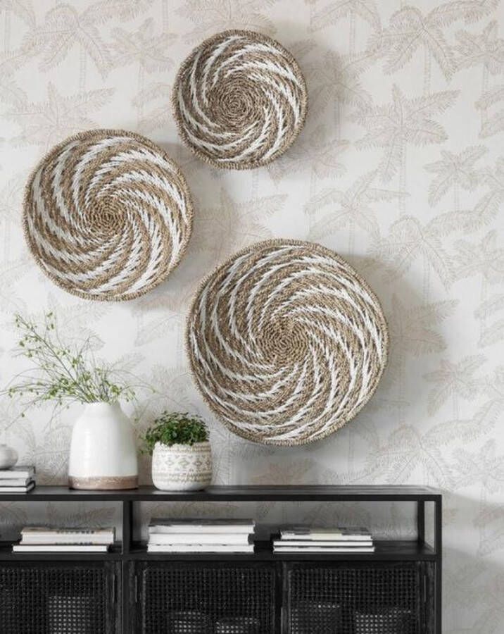 MUST Living Wanddecoratie 'Whirl' Zeegras Set van 3 stuks kleur Naturel Wit