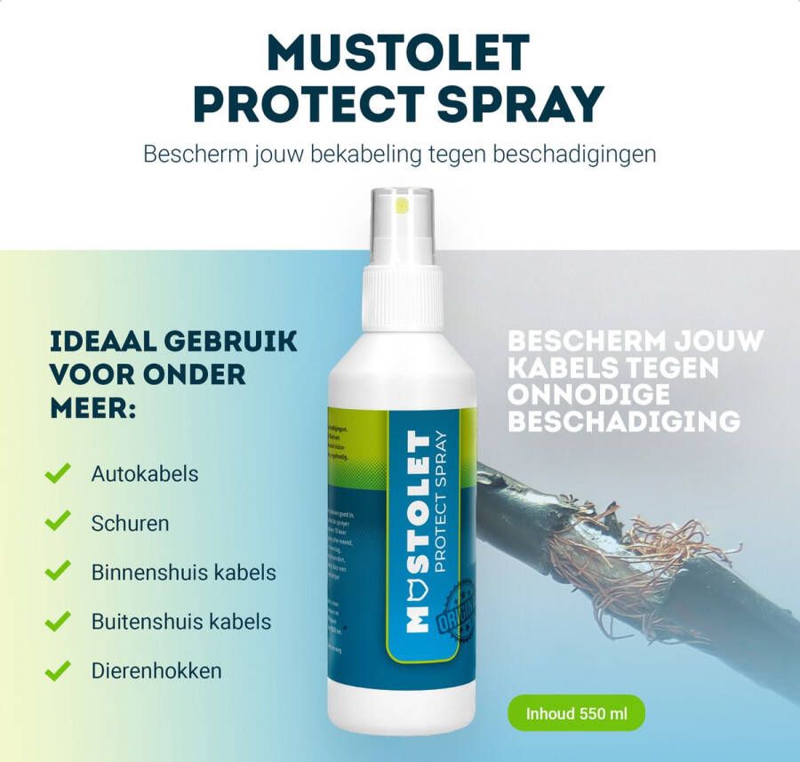 Mustolet Protect Spray Anti-Marterspray Bescherm bekabeling tegen beschadigingen – Maak kabels onaantrekkelijk voor dieren – Ideaal voor autokabels schuren en dierenhokken – Zeer effectieve werking – 150 ml