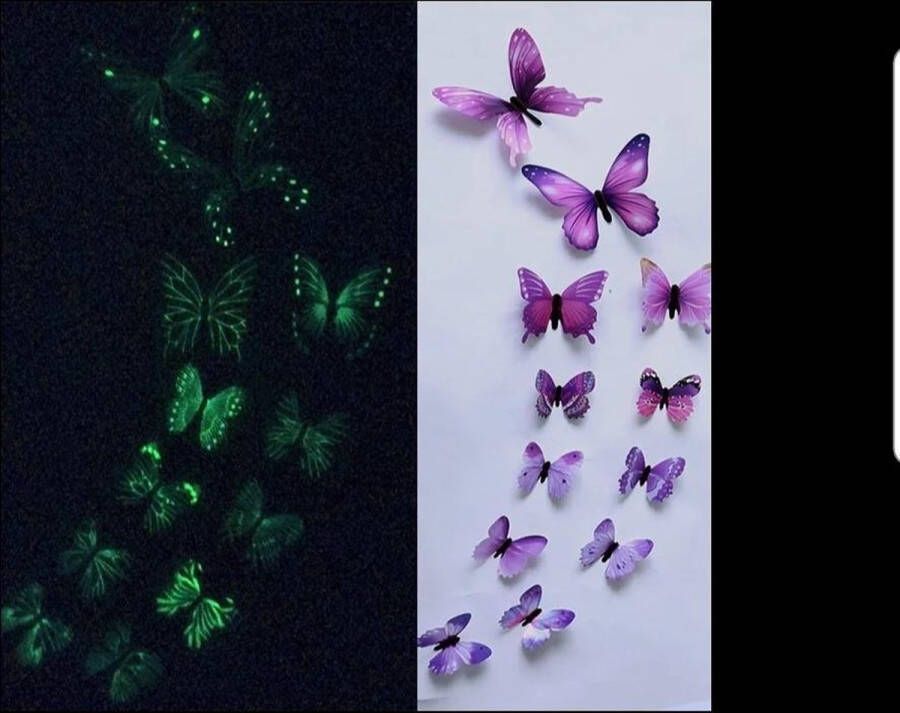 Muurstickers&zo 3D vlinders glow in the dark roze muursticker vlinders lichtgevend