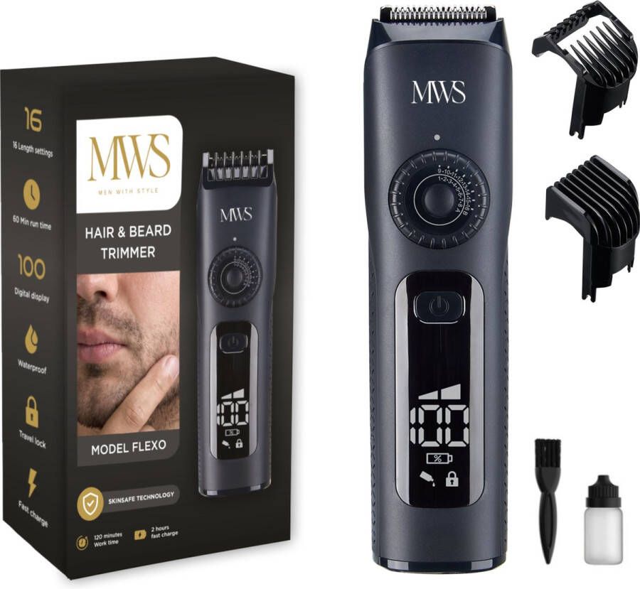 MWS Trimmer Mannen Baardtrimmer 16-lengte instellingen Waterdicht 120 min Display Powerstand & travellock