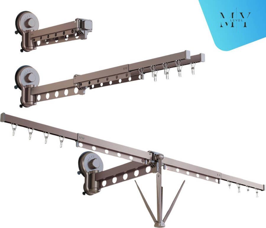 MY Level Wanddroogrek Wasrek Wanddroogrek Inklapbaar & Uitschuifbaar Krachtige Zuignap Easy Lock Systeem Hangt binnen een minuut zonder te boren ! Titanium Zilver Camping Wasrek
