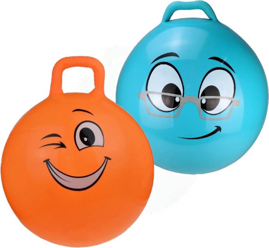 My Skippy Buddy 2x stuks skippyballen smiley voor kinderen oranje en blauw 45 cm Zomer buiten speelgoed