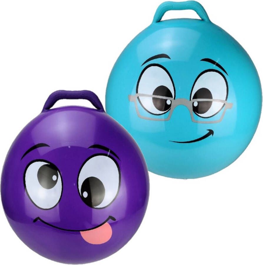 My Skippy Buddy 2x stuks skippyballen smiley voor kinderen paars en blauw 55 cm Zomer buiten speelgoed
