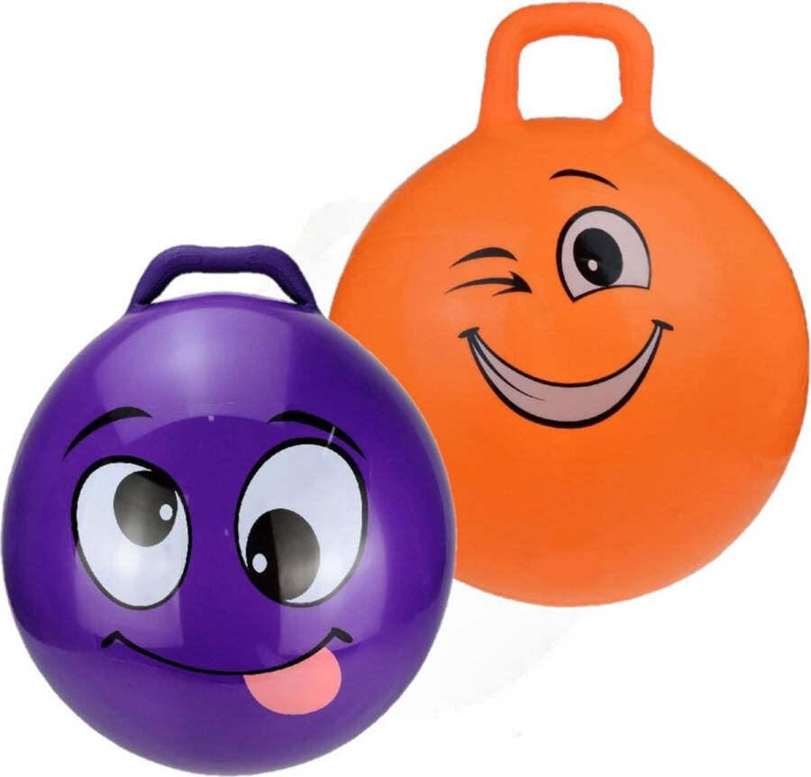 My Skippy Buddy 2x stuks skippyballen smiley voor kinderen paars en oranje 45 cm Zomer buiten speelgoed