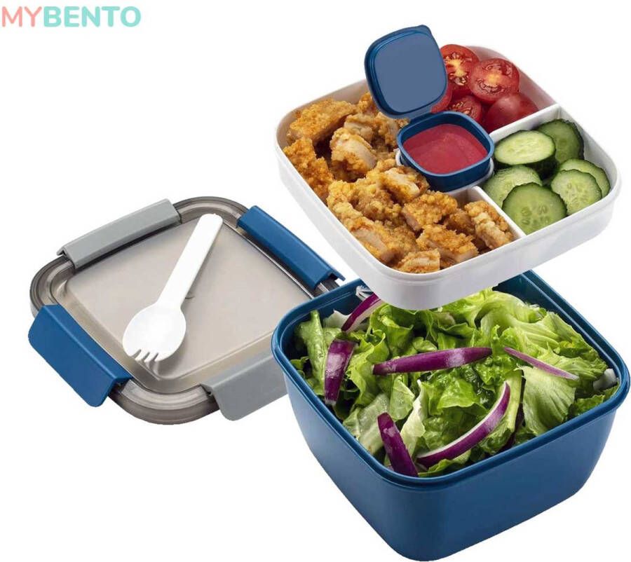 MyBento Meerlaagse Lunchbox met Vakjes Blauw – Japanse Bento Box – Lunchbox Volwassenen – Lunchbox Kinderen – Salade To Go – Broodtrommel – Lunchtrommel – Salade Lunchbox – Saladebox – Salade Box