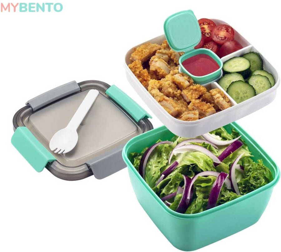 MyBento Meerlaagse Lunchbox met Vakjes Mintgroen – Japanse Bento Box – Lunchbox Volwassenen – Lunchbox Kinderen – Salade To Go – Broodtrommel – Lunchtrommel – Salade Lunchbox – Saladebox – Salade Box