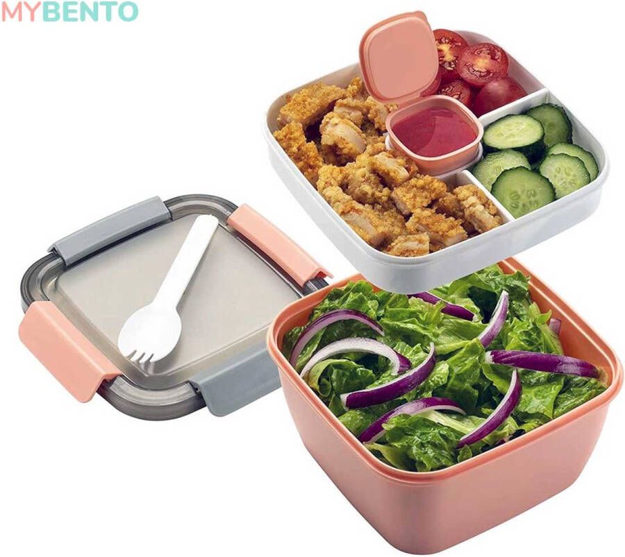 MyBento Meerlaagse Lunchbox met Vakjes Roze – Japanse Bento Box – Lunchbox Volwassenen – Lunchbox Kinderen – Salade To Go – Broodtrommel – Lunchtrommel – Salade Lunchbox – Saladebox – Salade Box