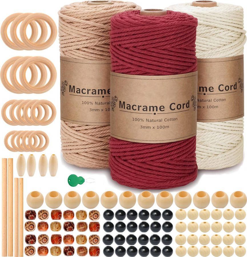 Mycramé Macramé 3mm 200 Meter Touw Compleet Pakket met Houten Ringen en Kralen Hobby DIY Natuurlijk Katoen Koord\Garen voor Wandkleed en Plantenhanger Zelf Maken -Volwassen\ Kinderen Knutselen Set voor Macramé & Sieraden Handwerk -Wit\Khaki -Incl. E-boeken