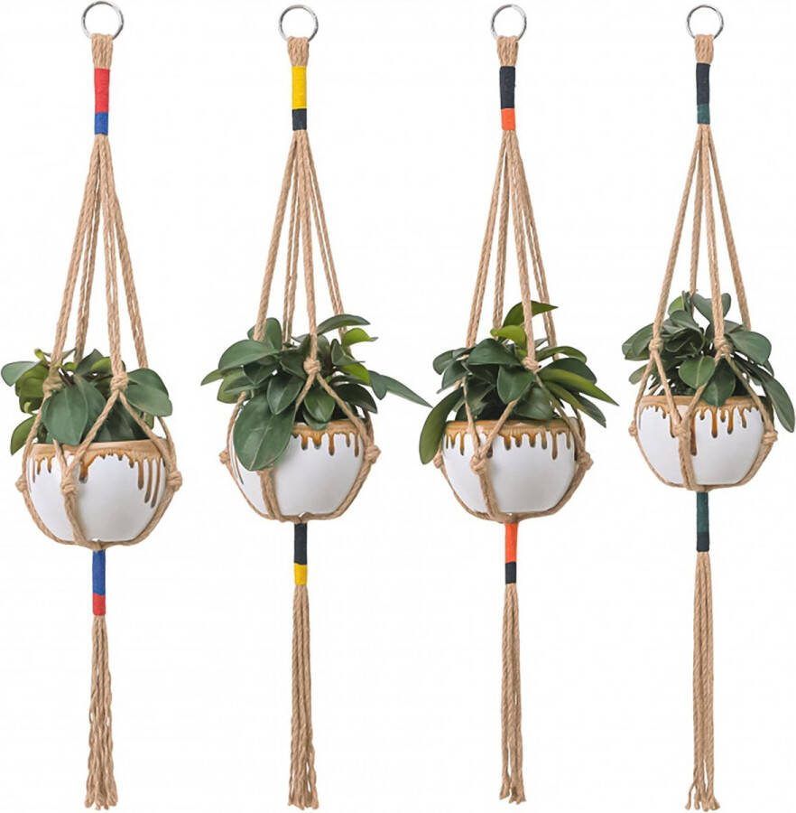 Mycramé 4 Jute Luxe Macrame Plantenhangers Boho Handgeweven Katoen Hangpot voor Binnen Buiten Hangende Bloempot met Kralen Macramé Touw Koord Hangplant Houder Bohemian Wandhanger Decoratie Plant Hanger Verticale Tuin Bloempothouder Planthanger