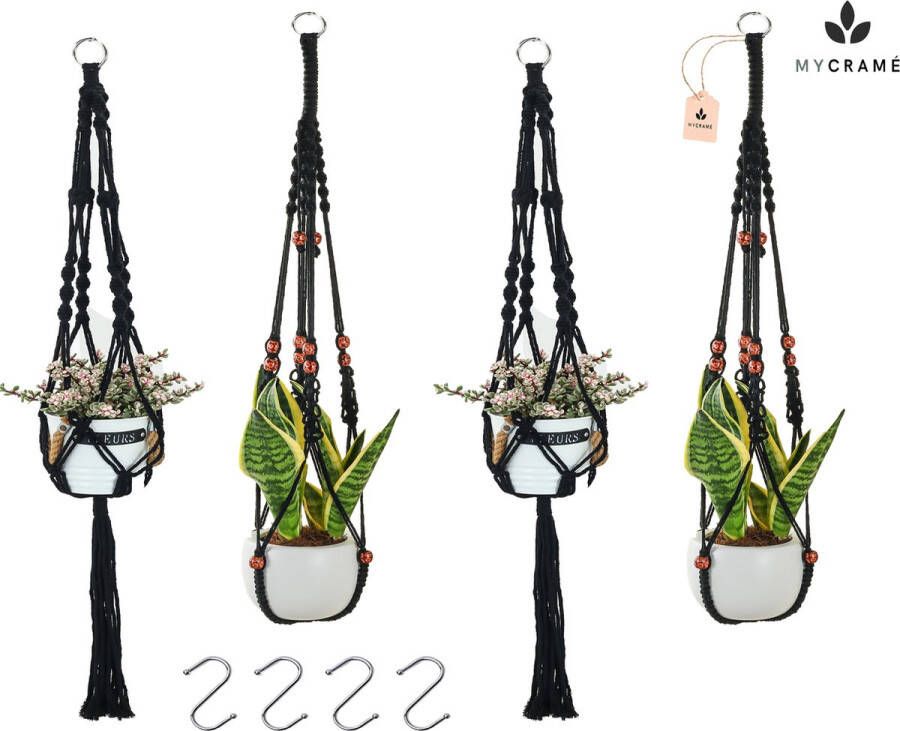 Mycramé 3 Stuks Zwarte Macrame Plantenhangers Boho Handgeweven Katoen Hangpot voor Binnen Buiten Hangende Bloempot met Kralen Macramé Touw Koord Hangplant Houder Bohemian Wandhanger Decoratie Plant Hanger Verticale Tuin Bloempothouder Planthanger