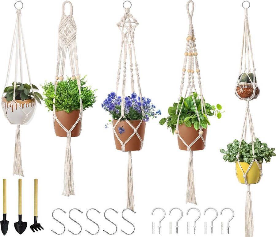 Mycramé 5-Delig Luxe Macramé Plantenhangers Set Boho Handgeweven Katoen Hangpot voor Binnen Buiten Hangende Bloempot met Kralen Plant Houder Bohemian Wandhanger Decoratie Tuin Hanger Bloempothouder Planthanger