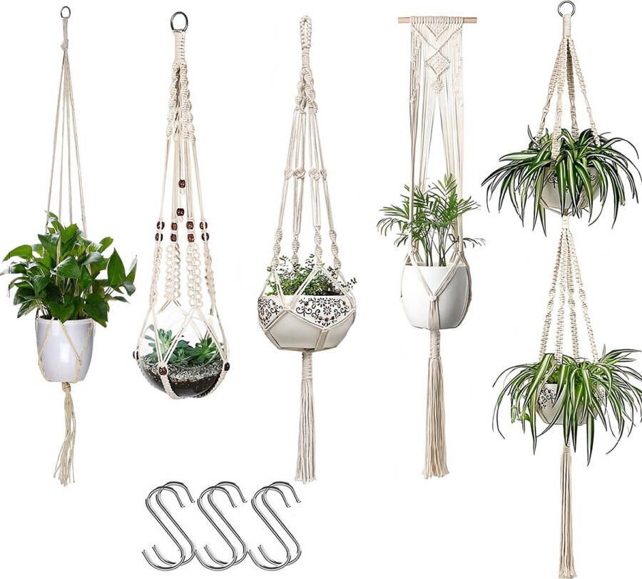 Mycramé 5-Delig Luxe Macramé Plantenhangers Set Boho Handgeweven Katoen Hangpot voor Binnen Buiten Hangende Bloempot met Kralen Macramé Touw Koord Hangplant Houder Bohemian Wandhanger Decoratie Verticale Tuin Plant Hanger Bloempothouder Planthanger