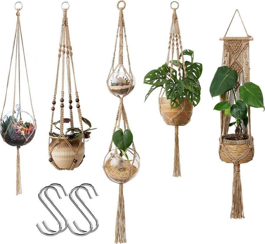 Mycramé 4 Stuks Luxe Jute Plantenhangers Boho Handgeweven Katoen Hangpot voor Binnen Buiten Hangende Bloempot met Kralen Macramé Touw Koord Hangplant Houder Bohemian Wandhanger Decoratie Plant Hanger Verticale Tuin Bloempothouder Planthanger