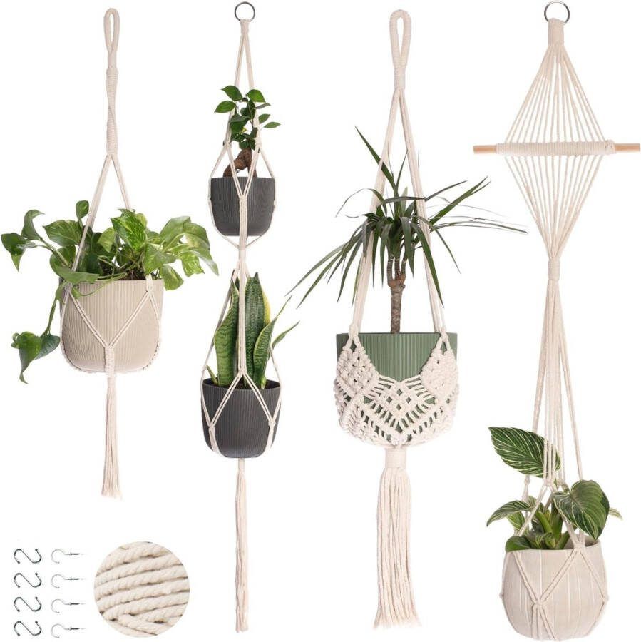 Mycramé 5 Stuks Luxe Macrame Plantenhangers Boho Handgeweven Katoen Hangpot voor Binnen Buiten Hangende Bloempot met Kralen Macramé Touw Koord Hangplant Houder Bohemian Wandhanger Decoratie Plant Hanger Verticale Tuin Bloempothouder Planthanger