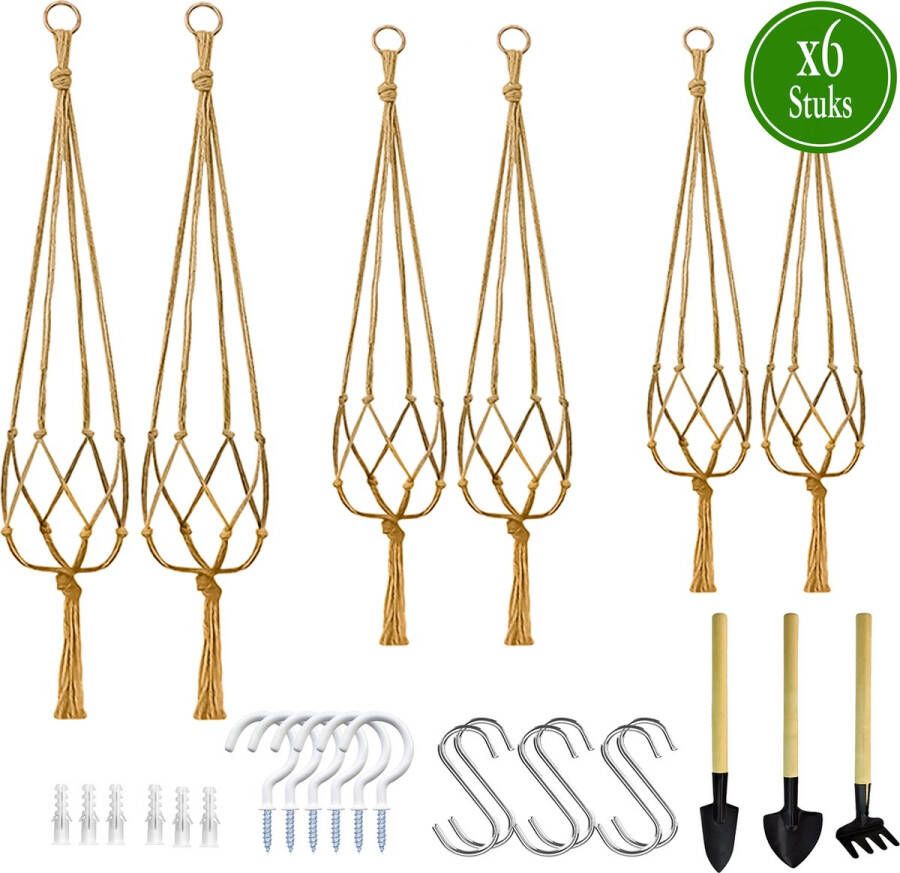 Mycramé 6 Stuks Jute Macrame Plantenhangers Boho Handgeweven Katoen Hangpot voor Binnen Buiten Hangende Bloempot met Kralen Macramé Touw Koord Hangplant Houder Bohemian Wandhanger Decoratie Plant Hanger Verticale Tuin Bloempothouder Planthanger