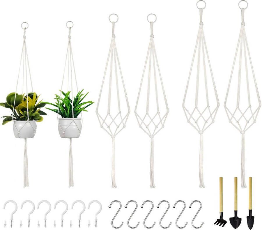 Mycramé 6 Stuks Macrame Plantenhangers Boho Handgeweven Katoen Hangpot voor Binnen Buiten Hangende Bloempot met Kralen Macramé Touw Koord Hangplant Houder Bohemian Wandhanger Decoratie Plant Hanger Verticale Tuin Bloempothouder Planthanger