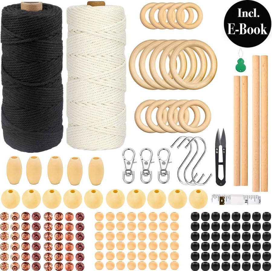 Mycramé Macramé 3mm 300 Meter Touw Compleet Pakket met Houten Ringen en Kralen Hobby DIY Natuurlijk Katoen Koord\Garen voor Wandkleed en Plantenhanger Zelf Maken -Volwassen\ Kinderen Knutselen Set voor Macramé & Sieraden Handwerk -Wit\Zwart -Incl. E-boeken
