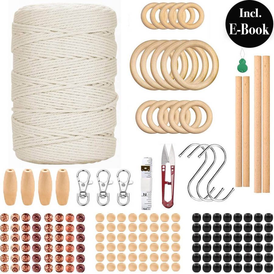 Mycramé Macrame Touw 5mm 100 Meter Compleet Pakket met Houten Ringen en Kralen Hobby DIY Natuurlijk Katoen Koord\Garen voor Wandkleed en Plantenhanger Zelf Maken Volwassen\ Kinderen Knutselen Set voor Macramé en Sieraden Handwerk Wit Incl. E-boeken