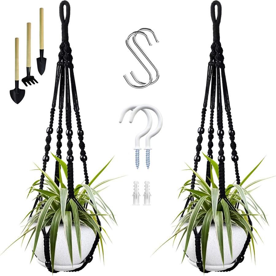 Mycramé 2 Luxe Macrame Plantenhangers Zwart Boho Handgeweven Katoen Hangpot voor Binnen Buiten Hangende Bloempot met Kralen Macramé Touw Koord Hangplant Houder Bohemian Wandhanger Decoratie Plant Hanger Verticale Tuin Bloempothouder Planthanger