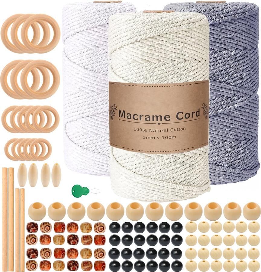 Mycramé 300 Meter 3mm Macramé Touw Compleet Pakket met Houten Ringen en Kralen Hobby DIY Natuurlijk Katoen Koord\Garen voor Wandkleed en Plantenhanger Zelf Maken Volwassen\ Kinderen Knutselen Set voor Macramé en Sieraden Handwerk- Incl. E-boeken