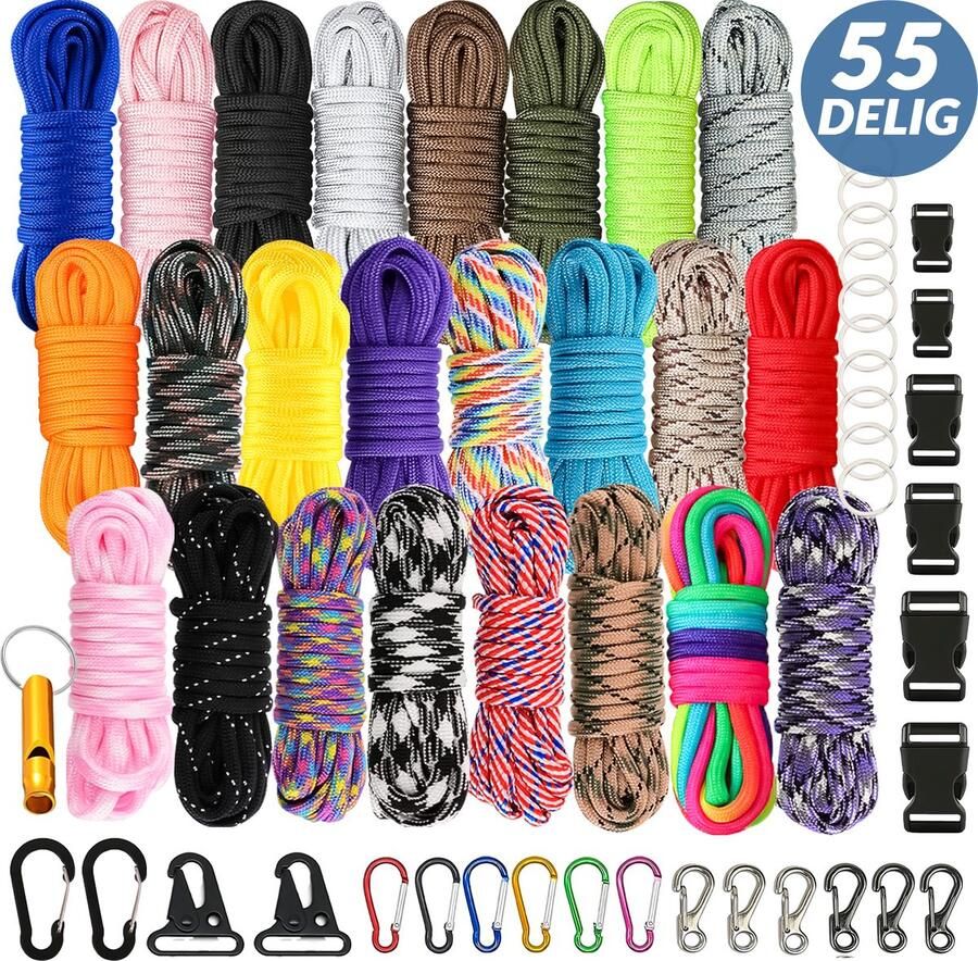 Mycramé 72 meters Paracord Touw Compleet Pakket 24 Kleuren Parachute Koord 4mm Parakoord 550 met Sluitingen Karabijnhaak Sleutelringen Musketon Klikgesp Knutselen Set voor Volwassen Kinderen Meisjes Armbandjes Lanyard Maken Knutselpakket