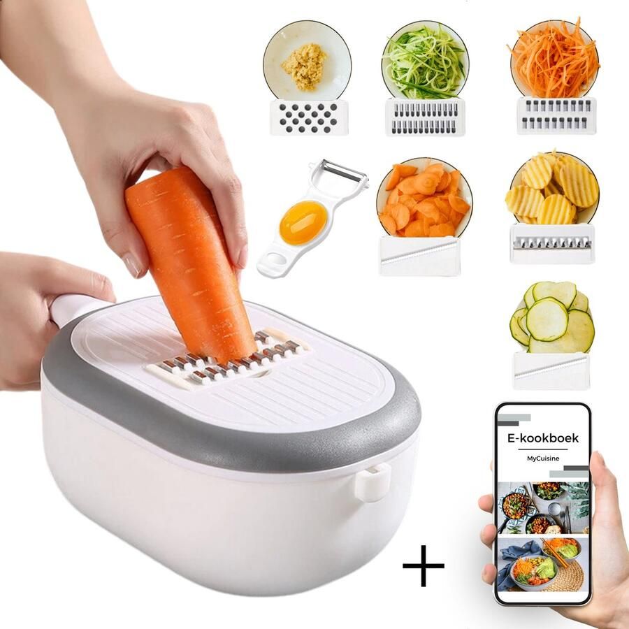 MyCuisine 11-in 1 Groentesnijder Handmatig Met Houder Mandoline Keukensnijder Rasp Frietsnijder Vlijmscherp Inclusief E-Kookboek 21 x 10 Wit