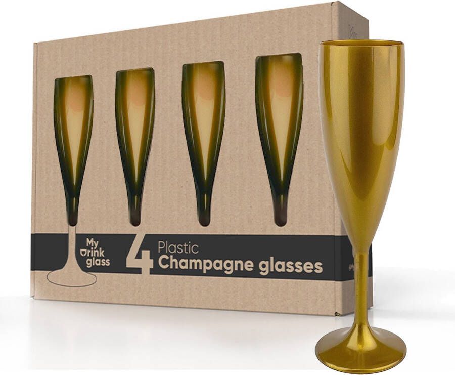 MyDrinkglass Champagneglazen Givet Goud Champagneglazen Plastic 4 Stuks Camping Glazen Zero Waste Herbruikbaar Onbreekbaar Champagneglas 190 ml