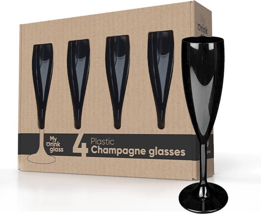 MyDrinkglass Champagneglazen Givet Zwart Champagneglazen Plastic 4 Stuks Camping Glazen Zero Waste Herbruikbaar Onbreekbaar Champagneglas 190 ml