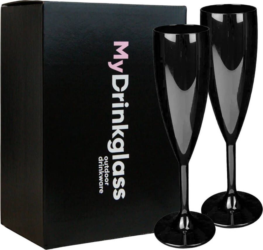 MyDrinkglass Plastic Champagneglazen Givet Zwart | Champagne glazen Plastic | 2 Stuks | Plastic Glazen | Zero Waste | Herbruikbaar | Onbreekbaar Champagneglas | 190 ml |