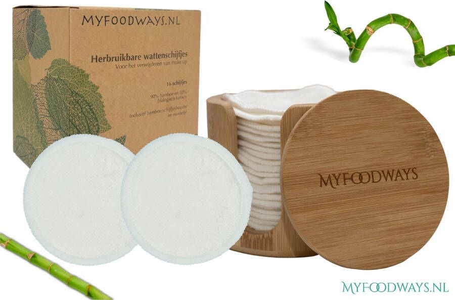 MyFoodways.nl NIEUW: 16x Witte Luxe Herbruikbare Wattenschijfjes + Bamboe Houder