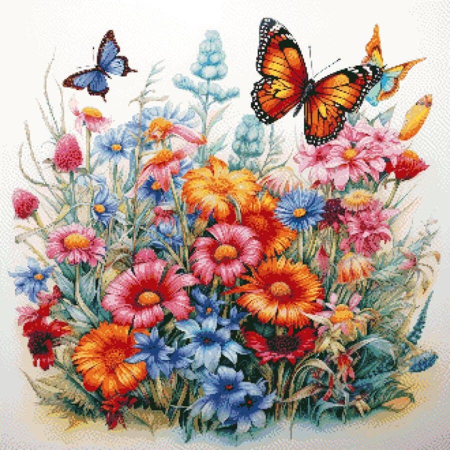 MyHobby Borduurpakket – Wilde bloemen met vlinders 60x60 cm Aida borduurstof 5 kruisjes cm (14 count) Telpatroon Borduurgaren Borduurnaald Handleiding Voor Beginners & Gevorderden Complete borduurset