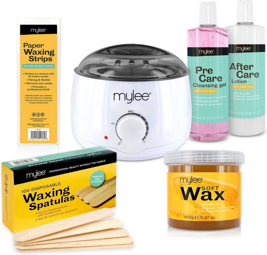 Mylee Complete Waxing Kit inclusief salonkwaliteit Waxverwarming zachte crèmekleurige was wax strips spatules en Pre & After Care Lotion (honing)