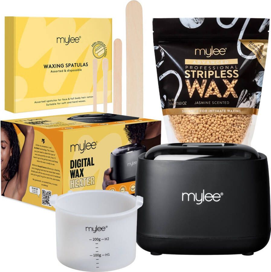 Mylee Geavanceerd Waxset Compleet Professionele Thuis Waxoplossing voor zijdeachtige gladde huid Bevat digitale wasverwarming jasmijn geurende striploze harde wax en 200x wegwerpbare houten spatels