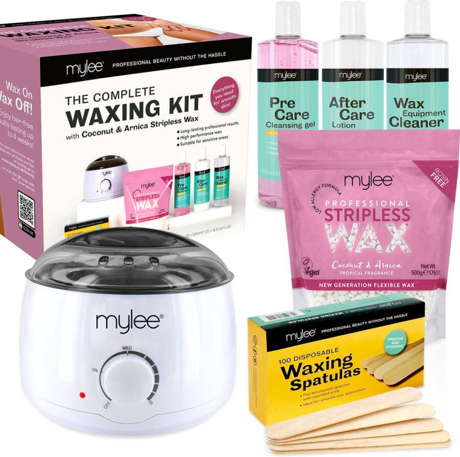 Mylee Professionele Complete Waxset met Waxverwarmer kokosnoot en arnica harde wax kralen 500 g applicator spatulas pre & after care -gel apparatuurreiniger