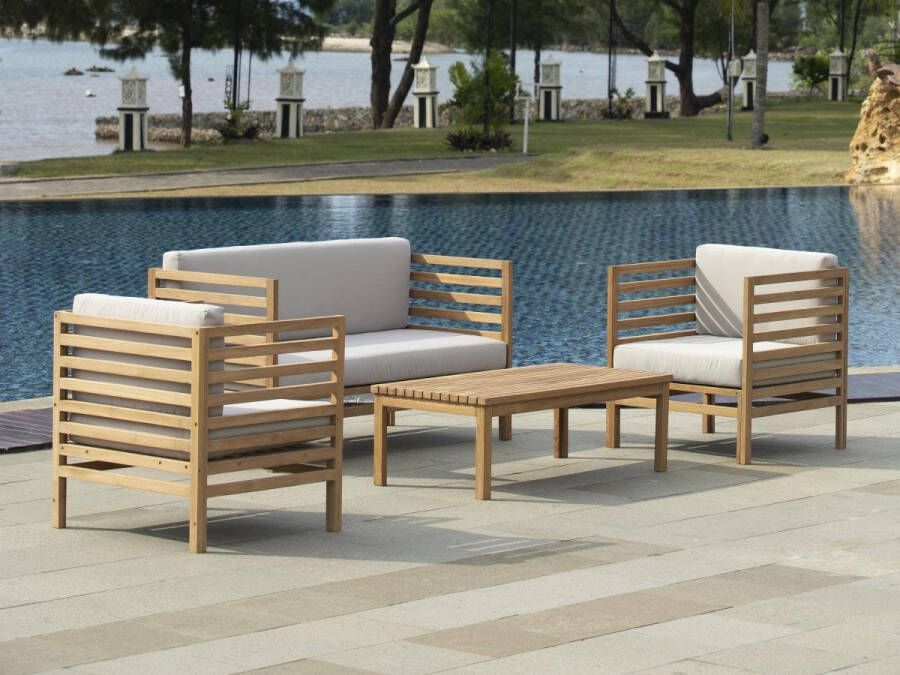 MYLIA Tuinsalon van teakhout: 1 tweezitsbank + 2 fauteuils + 1 salontafel Licht naturel LINERI L 152 cm x H 79 cm x D 74 cm