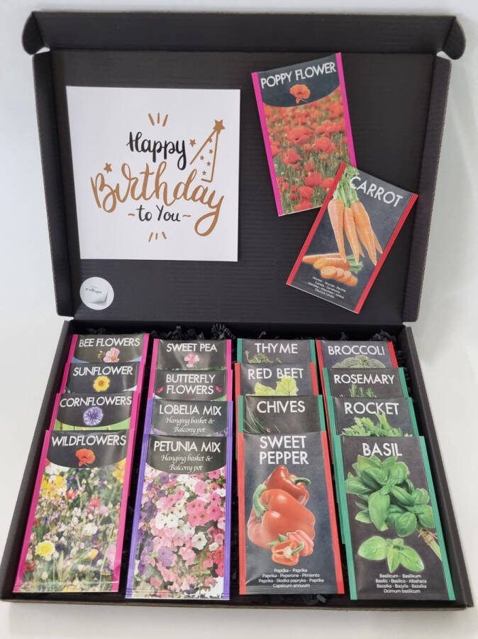 Mystery Cards Zaden Pakket met Mystery Card 'Happy Birthday' met jouw eigen persoonlijke videoboodschap. Pakket met 18 verschillende bloemen- kruiden- en groentenzaden in 1 box door de brievenbus. Verjaardag Vaderdag Moederdag