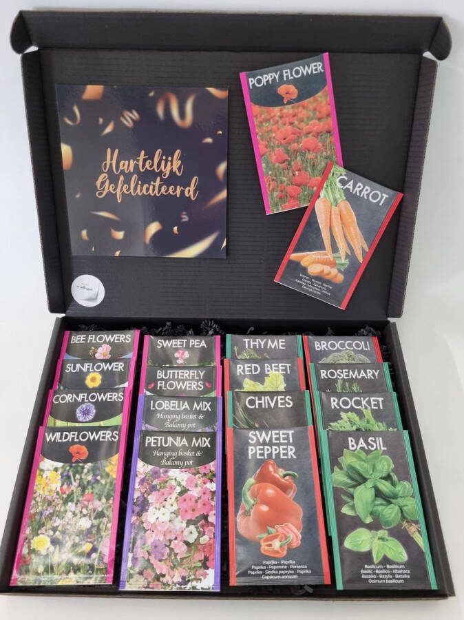 Mystery Cards Zaden Pakket met Mystery Card 'Hartelijk Gefeliciteerd' met jouw eigen persoonlijke videoboodschap. Pakket met 18 verschillende bloemen- kruiden- en groentenzaden in 1 box door de brievenbus. Verjaardag Vaderdag Moederdag